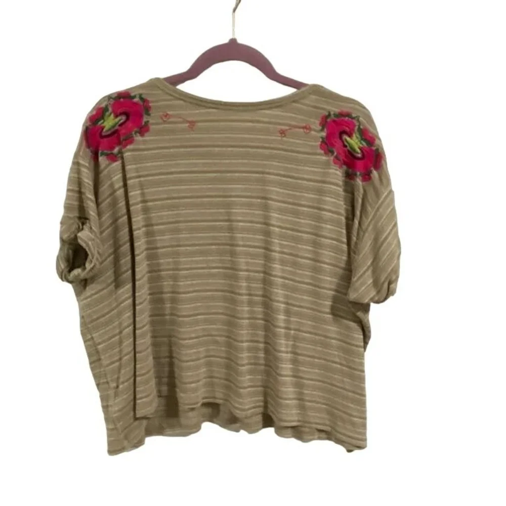 Free People Catalunya Embroidered Striped Cuffed‎ Sleeves Top Size S